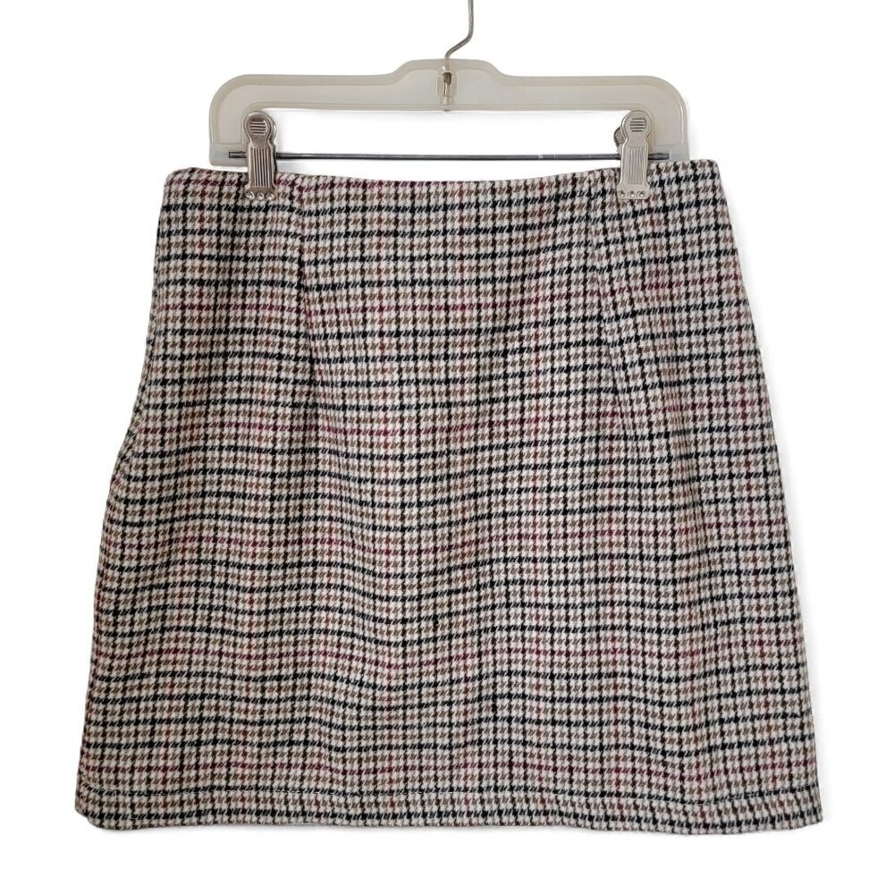 Tan White Black Burgundy Houndstooth Size XS Mini Skirt, Wool Blend, NEW w/tag
